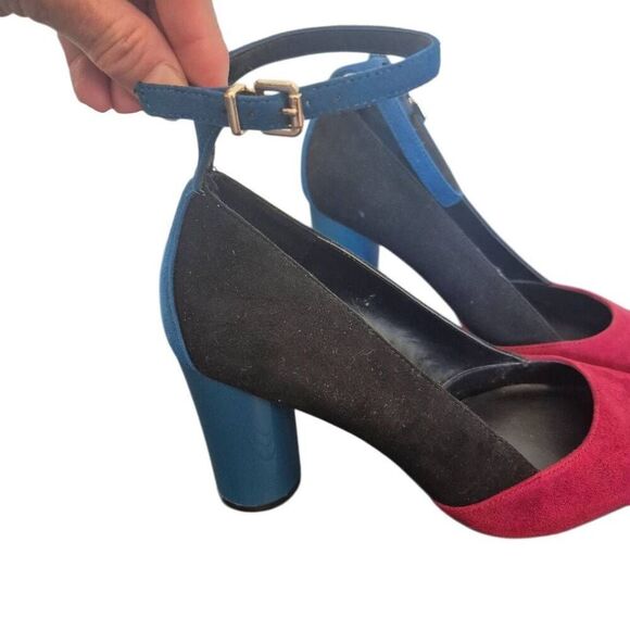 Mix No. 6 Suede Colorblock Black, Burgundy & Blue 4" Heels w Ankle Strap - Picture 9 of 11